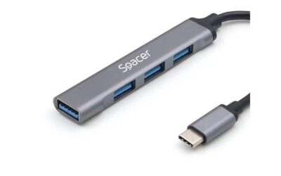 Hub extern SPACER, porturi USB:USB 3.0 X 1, USB 2.0 x 3, conectare prin TYPE-C, cablu 1m, aluminiu, SPHB-TYPEC-4U-01